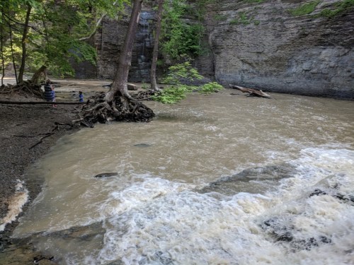 A river flows through a rocky canyon, with trees along the bank and two people standing near the water's edge.