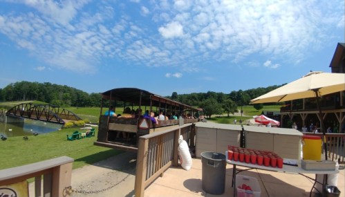 A scenic view of a wagon ride near a pond, with people enjoying the outdoors and a table set up with cups.