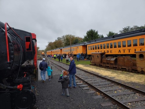 A crowd gathers near vintage trains on a cloudy day, with a steam locomotive on the left and orange passenger cars on the right.