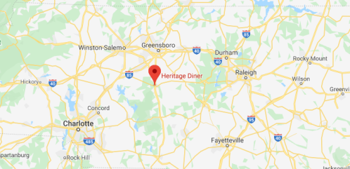 Map showing the location of Heritage Diner in North Carolina, near Greensboro and Raleigh.