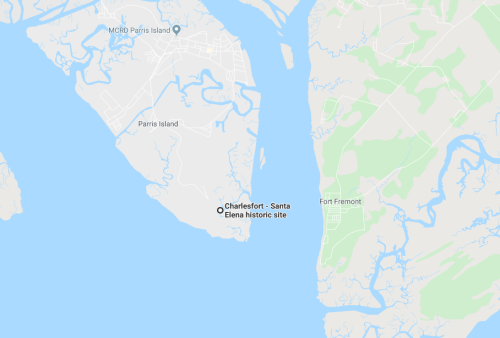 Map showing the location of Charlesfort - Santa Elena historic site near Parris Island and Fort Fremont.