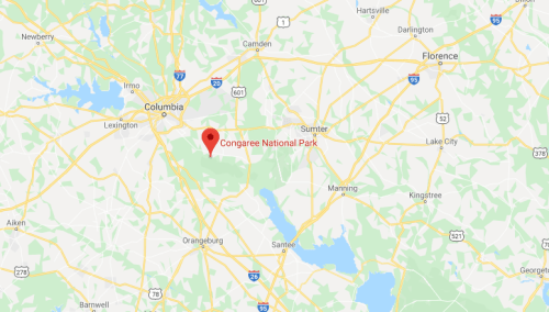 Map showing the location of Congaree National Park in South Carolina, near Columbia and Sumter.