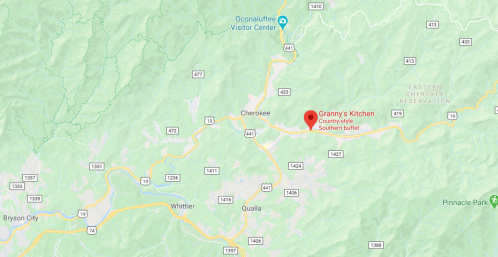 Map showing Cherokee, North Carolina, with a marker for Granny's Kitchen, a country-style Southern buffet.