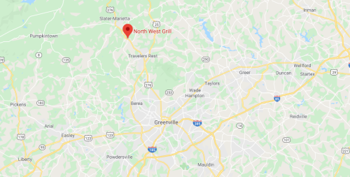 Map showing the location of North West Grill near Travelers Rest, South Carolina, with surrounding areas and roads.