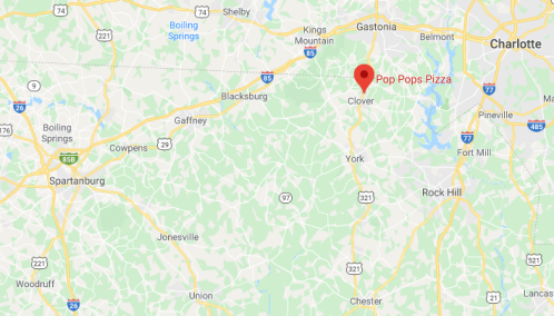 Map showing the location of Pop Pops Pizza near Clover, South Carolina, with surrounding towns and highways.