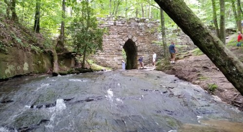 A stone arch bridge over a stream, surrounded by lush greenery, with people exploring the area nearby.