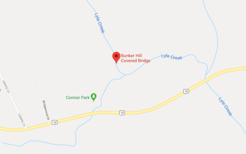 Map showing the location of Bunker Hill Covered Bridge near Lyle Creek and Connor Park, along Highway 78.