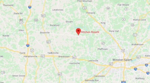 Map showing the location of Kitchen Roselli near Winston-Salem, North Carolina, with surrounding roads and landmarks.