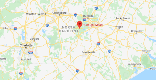 Map of North Carolina highlighting the location of Starlight Mead near Durham.