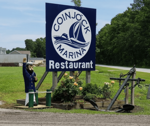 Sign for Coinjock Marina Restaurant featuring a sailor statue, flowers, and an anchor in a grassy area.