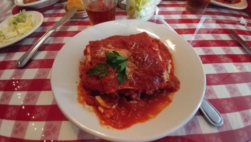 A plate of lasagna topped with marinara sauce and parsley, served on a red and white checkered tablecloth.