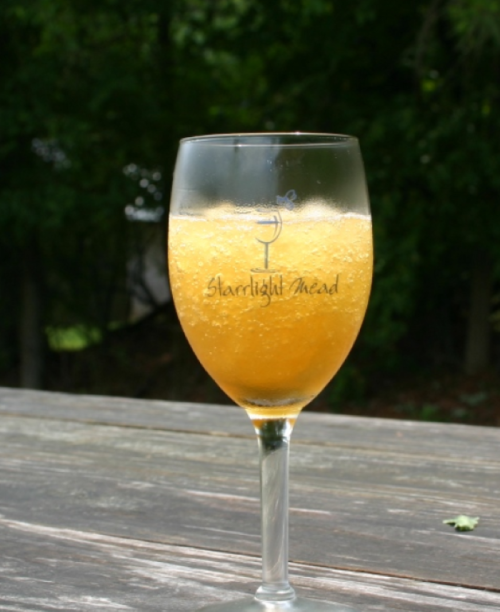 A glass of sparkling orange mead on a wooden table, surrounded by greenery.