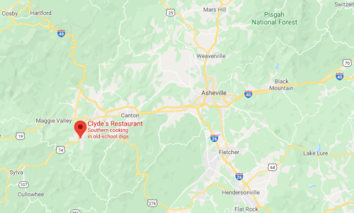 Map showing the location of Clyde's Restaurant near Asheville, North Carolina, highlighting nearby towns and highways.