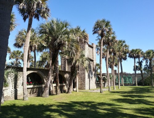 A sunny landscape featuring palm trees and a stone building with arches, set in a green grassy area.