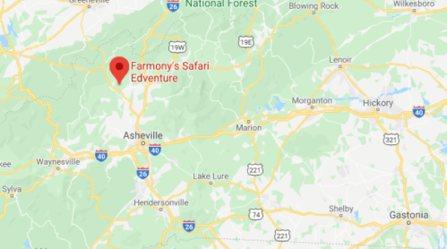 Map showing the location of Farmony's Safari Edventure near Asheville, North Carolina, surrounded by green areas.