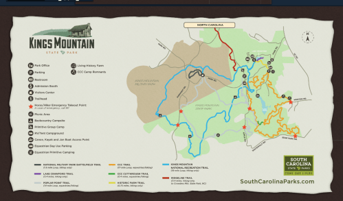 Map of Kings Mountain State Park, showing trails, facilities, and points of interest in South Carolina.