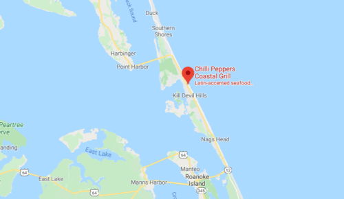 Map showing the location of Chilli Peppers Coastal Grill in Kill Devil Hills, North Carolina, near the coast.