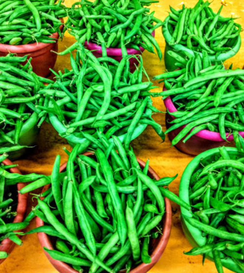 Baskets filled with fresh green beans arranged on a wooden surface.