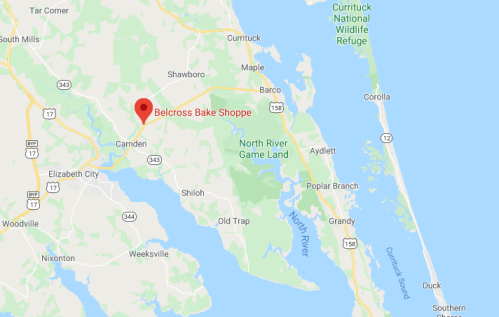 Map showing the location of Belcross Bake Shoppe near Camden, North Carolina, with nearby landmarks and roads.