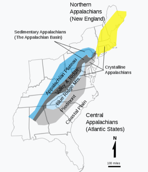 Map of the Appalachian region, highlighting Northern, Central, and Crystalline Appalachians with labeled geographic features.