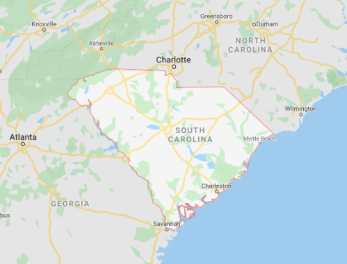 Map of South Carolina, highlighting major cities like Charleston and Myrtle Beach, with surrounding states and regions.