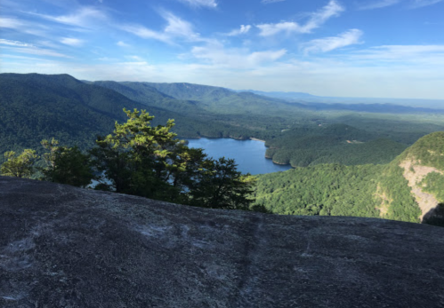 A panoramic view of a lush green landscape with a lake surrounded by mountains under a blue sky.
