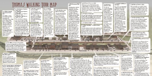 A detailed walking tour map of Thomas, featuring historical sites and descriptions of notable buildings and locations.