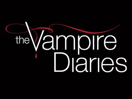 Logo of "The Vampire Diaries" featuring stylized text with a blood drop on a black background.
