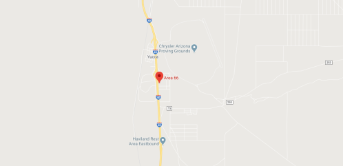 Map showing Area 66 near Yucca, Arizona, along with nearby landmarks and highways.