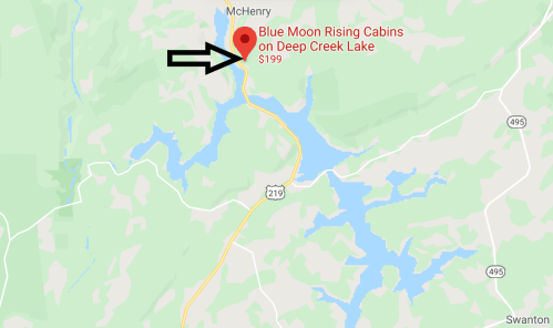 Map showing location of Blue Moon Rising Cabins on Deep Creek Lake, near McHenry, with a price of $199.