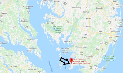 Map showing Smith Island Baking Company location near Smith Island, Maryland, with nearby waterways and landmarks.