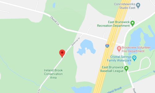 Map showing Ireland Brook Conservation Area, nearby roads, and local landmarks in East Brunswick, NJ.