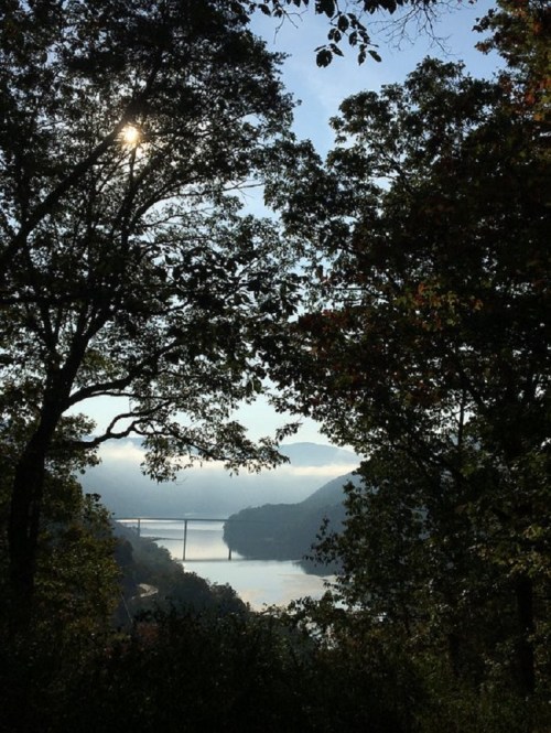 A serene view of a river framed by trees, with misty mountains in the background and sunlight filtering through the leaves.