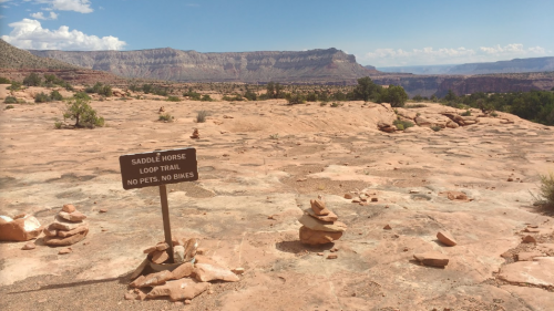 A sign for the Saddle Horse Loop Trail in a rocky desert landscape with distant mountains and stacked stones nearby.