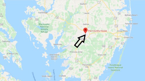Map highlighting "The Country House" location in a rural area, with an arrow pointing to its position.