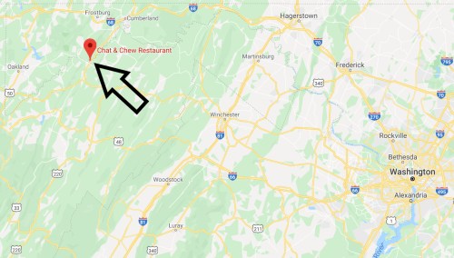 Map showing the location of Chat & Chew Restaurant, near Frostburg, Maryland, with an arrow pointing to it.
