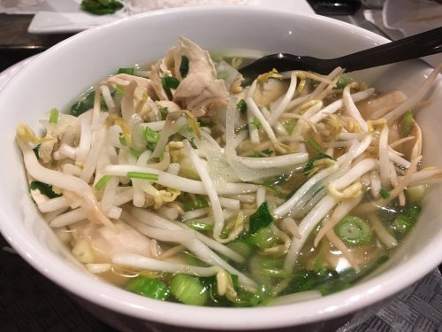 A bowl of soup with chicken, bean sprouts, and green onions in a clear broth.