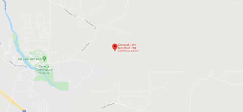 Map showing the location of Colossal Cave Mountain Park, near Del Lago Golf Club and Cienega Creek Natural Preserve.
