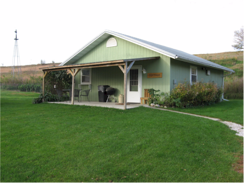 A green house with a porch, surrounded by grass and plants, set against a rural landscape with a windmill in the background.