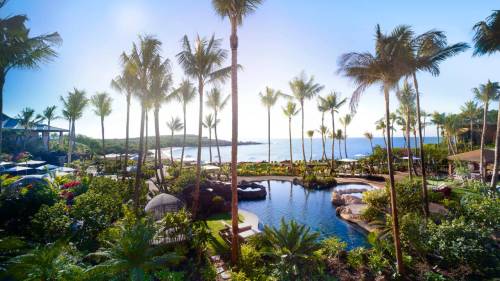 A tropical resort with palm trees, a pool, and ocean views under a bright blue sky.