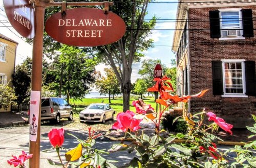 A street sign for Delaware Street with colorful flowers in the foreground and a scenic view in the background.