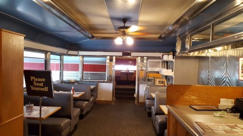 Interior of a diner featuring booths, a counter, and a "Please Seat Yourself" sign. Bright and inviting atmosphere.