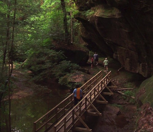 A wooden bridge crosses a stream in a lush green forest, with hikers exploring the rocky terrain nearby.
