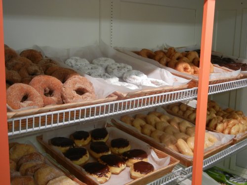 A display case filled with various donuts, including glazed, chocolate-covered, and powdered sugar varieties.