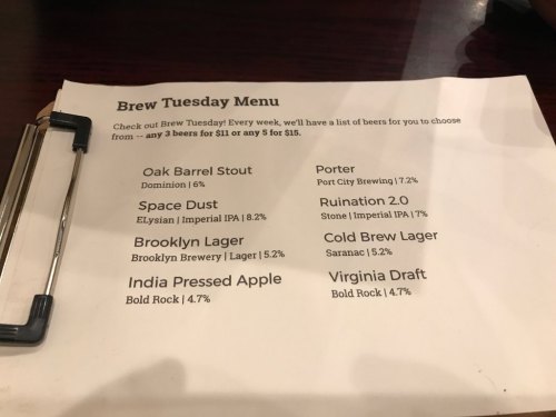 Brew Tuesday menu featuring various beers with names, breweries, and alcohol percentages listed.