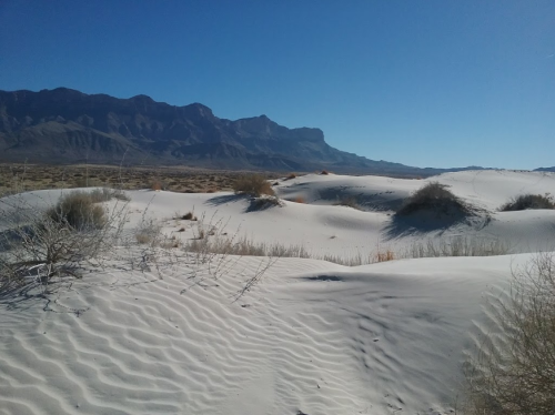 A vast desert landscape with white sand dunes and distant mountains under a clear blue sky.