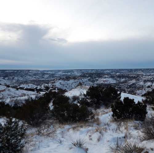 A snowy landscape with rolling hills and a cloudy sky, showcasing a serene winter scene.