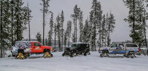 Two snow-covered vehicles parked in a snowy landscape surrounded by tall pine trees. Snowflakes are falling gently.