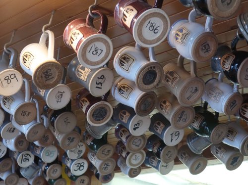 A collection of numbered mugs hanging upside down from a wooden ceiling.