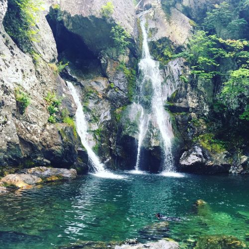 A serene waterfall cascades into a clear pool surrounded by rocky cliffs and lush greenery.